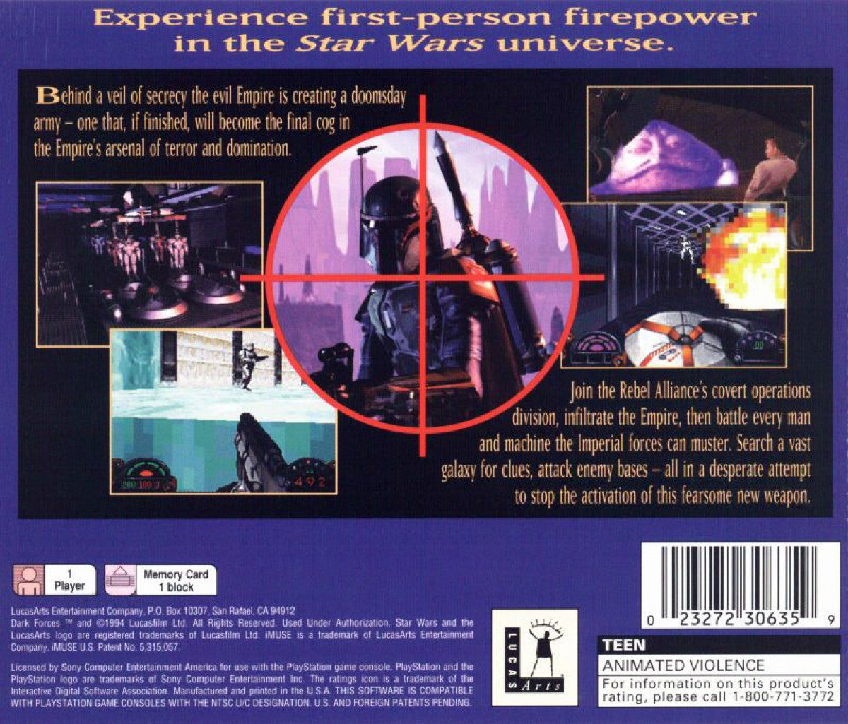 Star Wars: Dark Forces retro sci-fi first-person shooter game for PlayStation 1 (PS1) back of case