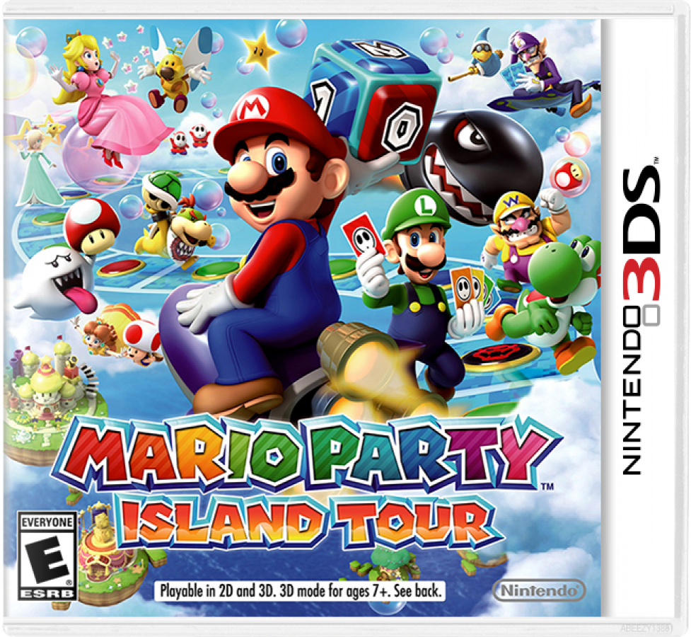 Nintendo 3DS game cover for 'Mario Party Island Tour' featuring characters and colorful design.