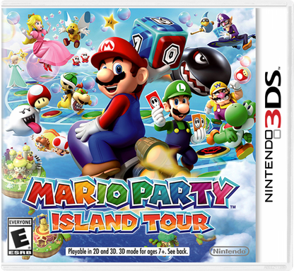 Nintendo 3DS game cover for 'Mario Party Island Tour' featuring characters and colorful design.