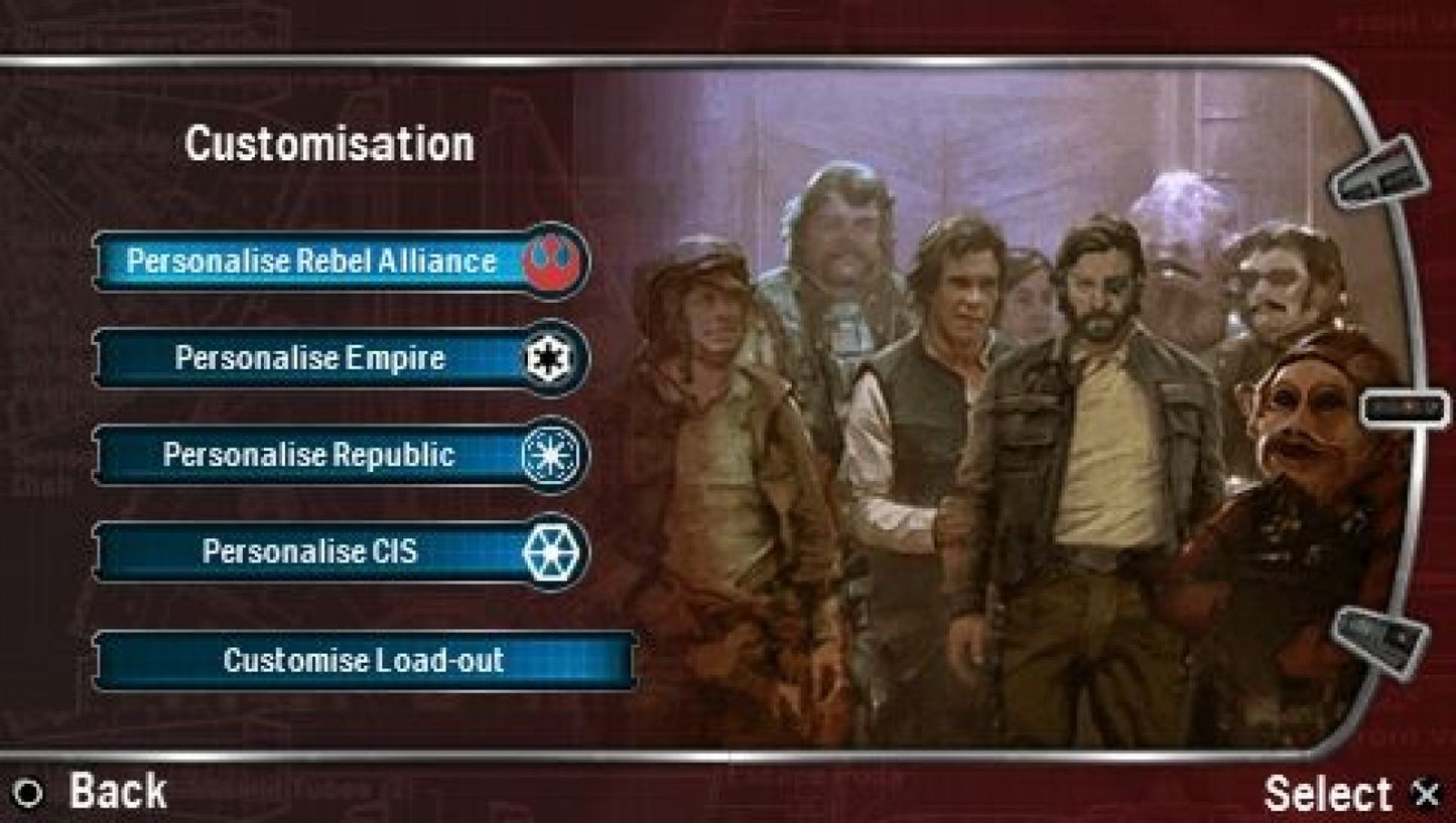 Star Wars Battlefront Renegade Squadron PlayStation Portable PSP video game, third-person shooter, large-scale sci-fi battles, Star Wars franchise title main menu customization screen