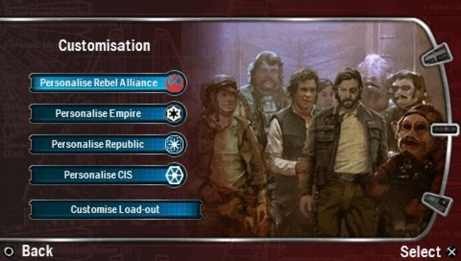 Star Wars Battlefront Renegade Squadron PlayStation Portable PSP video game, third-person shooter, large-scale sci-fi battles, Star Wars franchise title main menu customization screen
