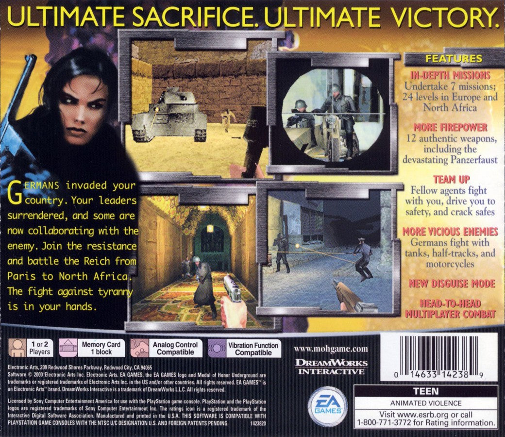 Medal of Honor Underground PS1 PlayStation 1 first person shooter World War II action game stealth combat missions historical warfare retro video game back of case