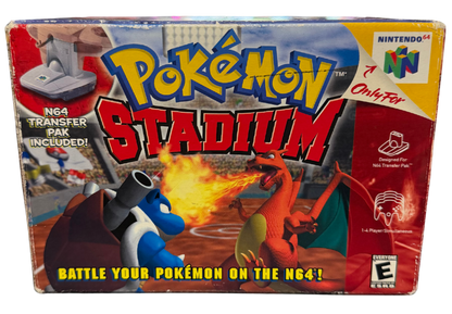 Pokemon Stadium Nintendo 64 N64 battle simulator game 3D Pokemon battles transfer pak compatibility mini games tournament mode multiplayer Nintendo classic retro gaming cartridge video game title front of box
