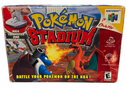 Pokemon Stadium Nintendo 64 N64 battle simulator game 3D Pokemon battles transfer pak compatibility mini games tournament mode multiplayer Nintendo classic retro gaming cartridge video game title front of box
