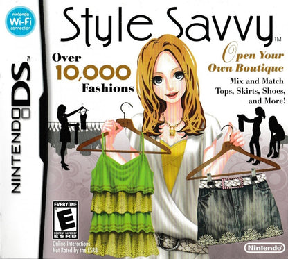 Style Savvy Nintendo DS video game, fashion boutique simulation, clothing design and management gameplay, handheld console title front cover