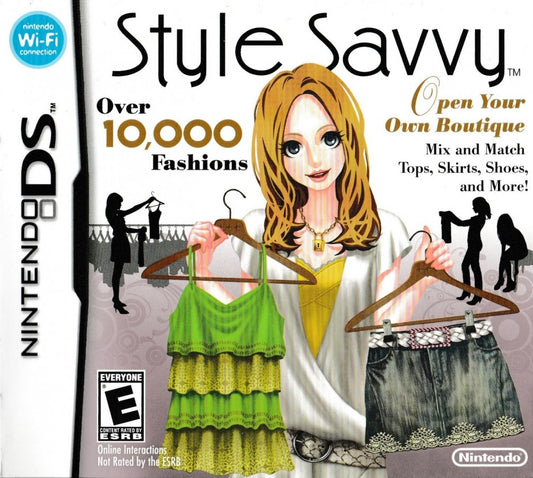 Style Savvy Nintendo DS video game, fashion boutique simulation, clothing design and management gameplay, handheld console title front cover