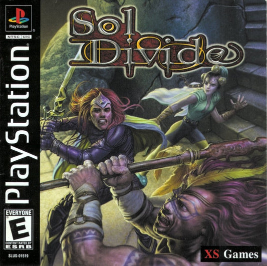 Sol Divide PlayStation PS1 for shoot em up video game fans featuring side scrolling arcade action fantasy themed aerial combat magical spell attacks multiple playable characters fast paced gameplay classic 2D shooter collectible gaming appeal front cover art