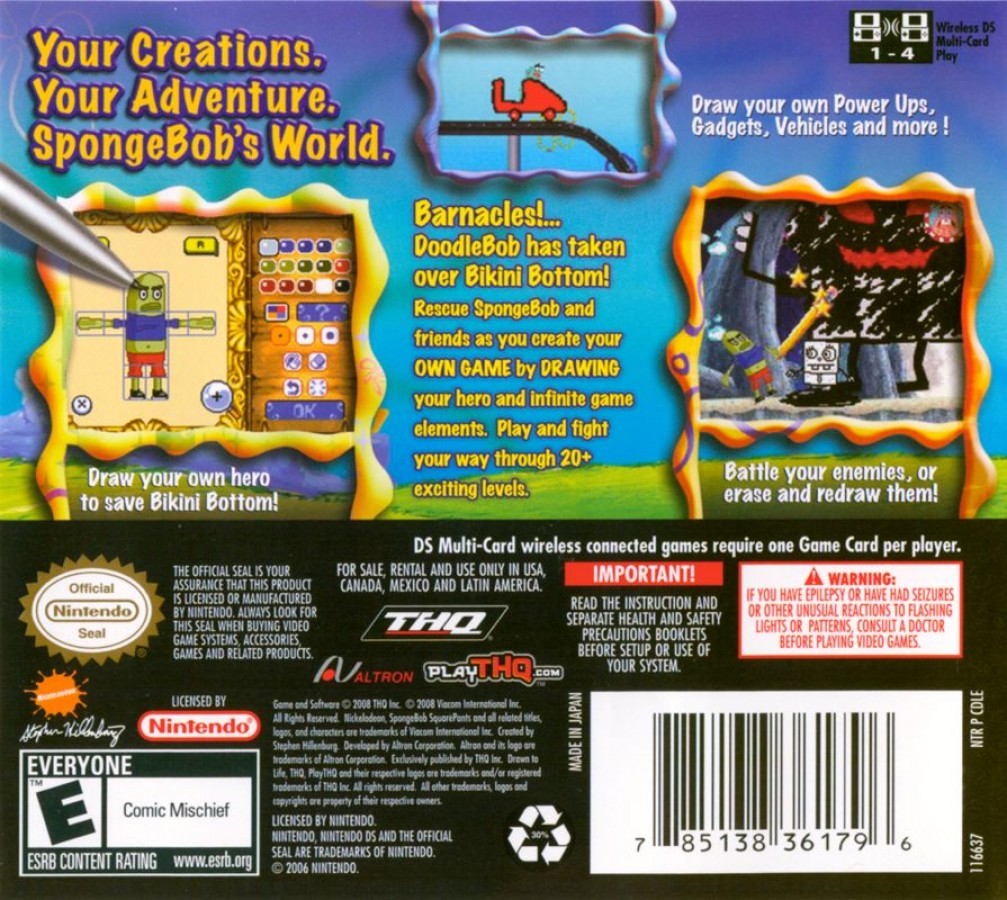 Drawn to Life: SpongeBob SquarePants Edition back of case for Nintendo DS (DS) platforming adventure video game