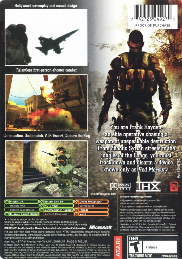 Shadow Ops: Red Mercury retro Xbox video game Shadow Ops Red Mercury military first person shooter tactical combat modern warfare mission based FPS console title Xbox release back of case