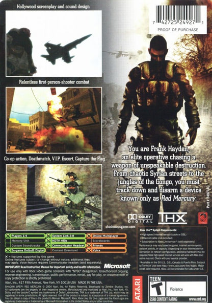 Shadow Ops: Red Mercury retro Xbox video game Shadow Ops Red Mercury military first person shooter tactical combat modern warfare mission based FPS console title Xbox release back of case