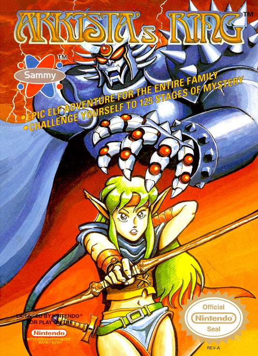 Arkista's Ring Nintendo Entertainment System NES for retro video game enthusiasts featuring fantasy action adventure gameplay magical bow combat cooperative two player mode dungeon exploration enemy battles classic 8 bit gaming and collectible gaming appeal cover art