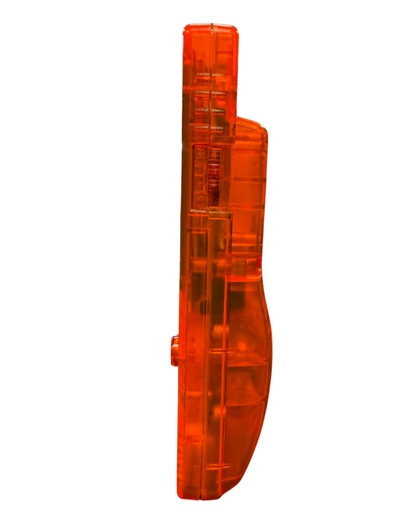 Side view of a clear orange custom Nintendo Game Boy Color handheld console showing the power switch and transparent casing.