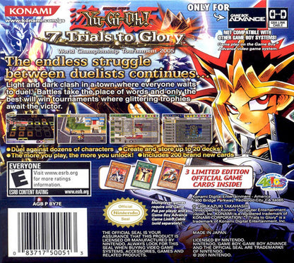 Yu-Gi-Oh! 7 Trials to Glory Nintendo Game Boy Advance GBA for strategy card battle retro video game fans featuring collectible card duels deck building tactical gameplay powerful monsters tournament competition anime inspired adventure classic handheld gaming collectible gaming appeal back of case