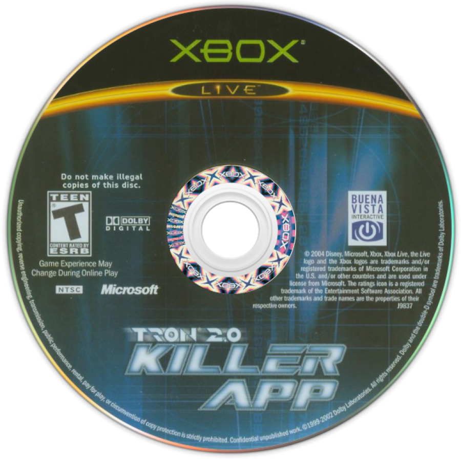 TRON 2.0 Killer App retro Xbox video game TRON futuristic sci fi action shooter cyber combat digital world light cycle battles first person gameplay console title Xbox release disc