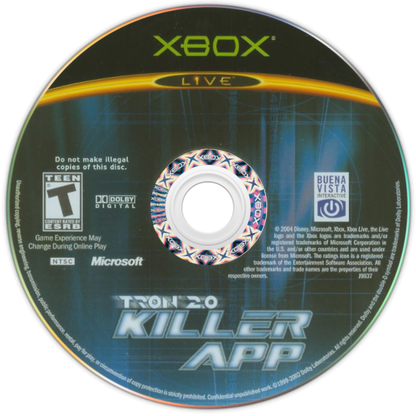 TRON 2.0 Killer App retro Xbox video game TRON futuristic sci fi action shooter cyber combat digital world light cycle battles first person gameplay console title Xbox release disc