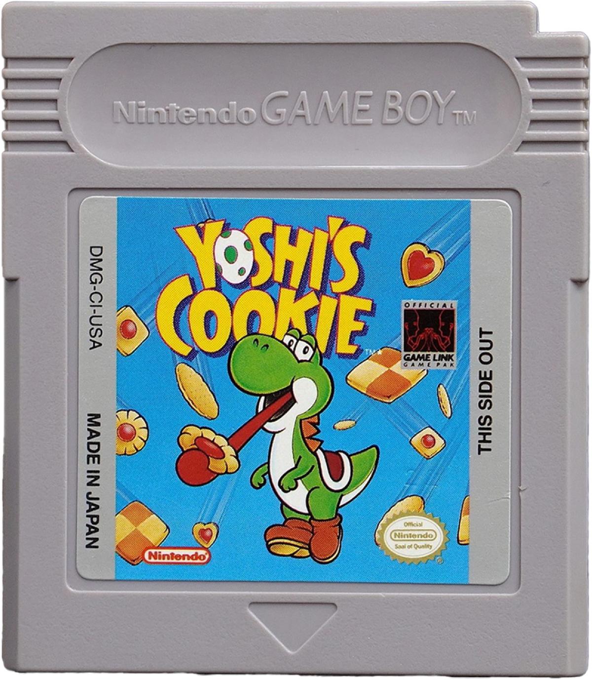 Yoshi’s Cookie Game Boy video game, puzzle gameplay, classic Nintendo character title, retro handheld console game cartridge art