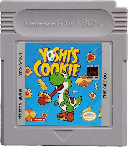 Yoshi’s Cookie Game Boy video game, puzzle gameplay, classic Nintendo character title, retro handheld console game cartridge art