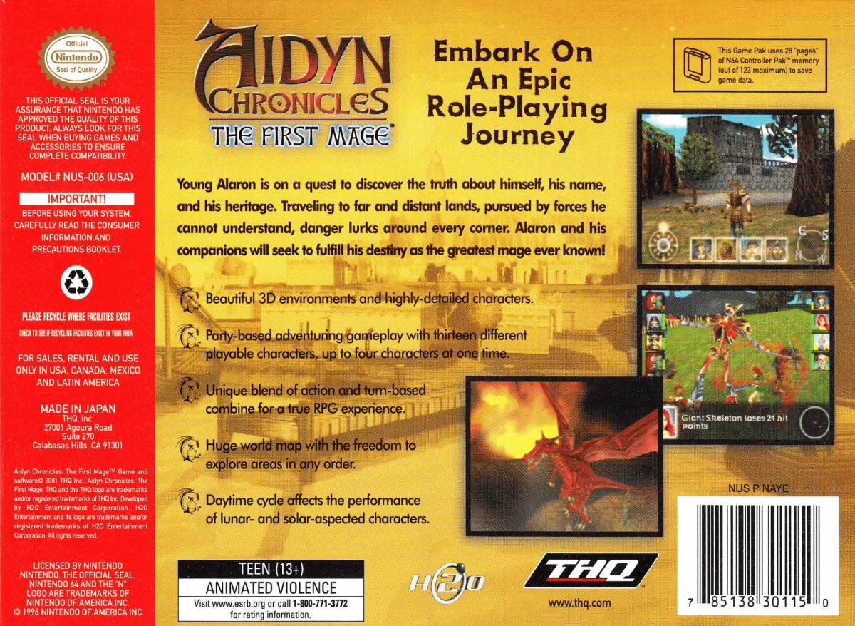 Aidyn Chronicles [Black Cart] back cover art for Nintendo 64 (N64) video game