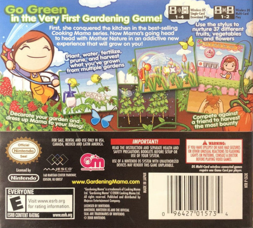 Gardening Mama for Nintendo DS, back of case for a simulation video game with gardening activities, planting mini-games, stylus-based gameplay, and casual family-friendly challenges