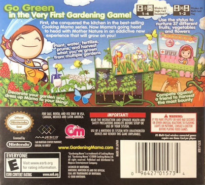 Gardening Mama for Nintendo DS, back of case for a simulation video game with gardening activities, planting mini-games, stylus-based gameplay, and casual family-friendly challenges