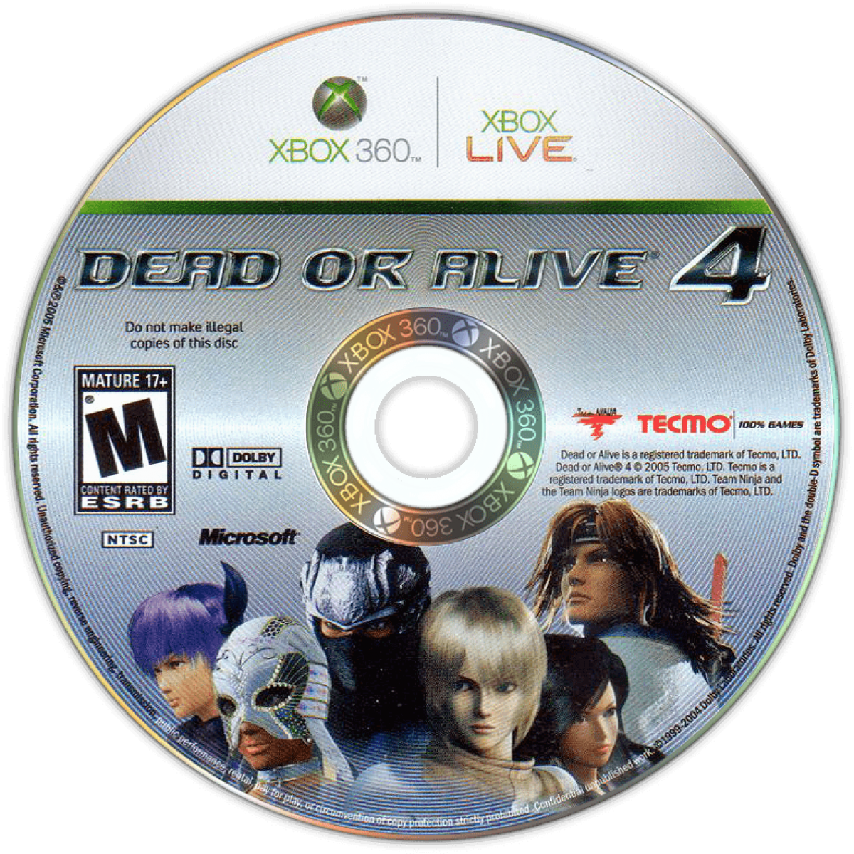 Dead or Alive 4 disc for Xbox 360 (X360) fighting video game