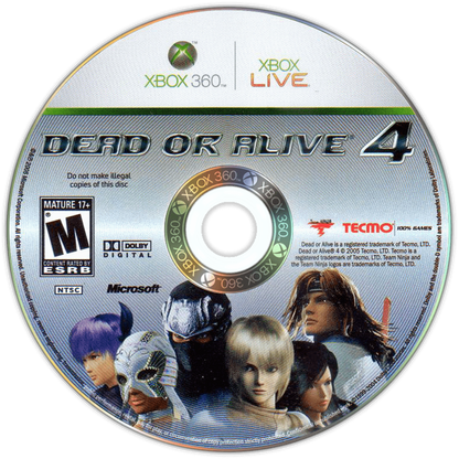Dead or Alive 4 disc for Xbox 360 (X360) fighting video game
