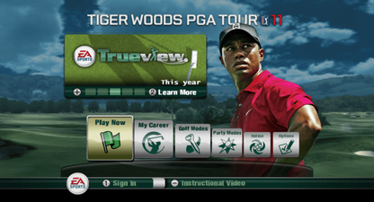 Tiger Woods PGA Tour 11 start menu for Nintendo Wii (Wii) featuring motion‑controlled golf, Ryder Cup team play, and authentic championship courses.