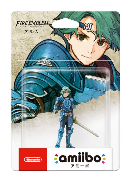 Alm Fire Emblem Amiibo sealed figure featuring the hero from Fire Emblem Echoes Shadows of Valentia detailed sculpt with sword pose NFC functionality for in game bonuses compatible with Nintendo Switch Wii U and 3DS and collectible Nintendo figure from the Fire Emblem series in box
