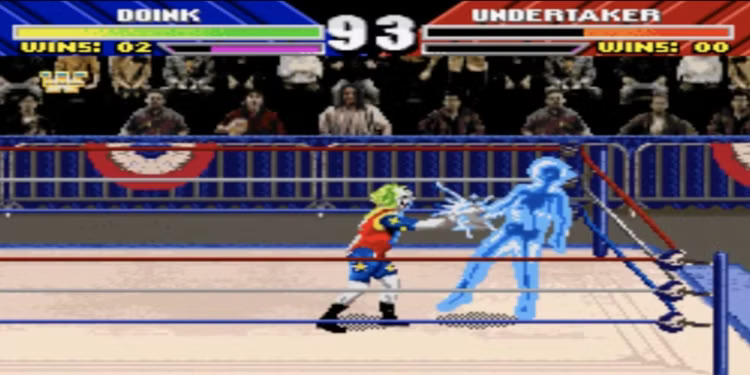 WWF WrestleMania The Arcade Game for Super Nintendo arcade style wrestling fighting game featuring WWF superstars exaggerated moves combos and versus battles gameplay