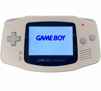 Retro white Game Boy Advance IPS mod with USB C charging inspired design featuring custom Nintendo handheld gaming console aesthetic bright white shell backlit IPS display rechargeable battery upgrade modern USB C power retro gaming nostalgia presentation front on
