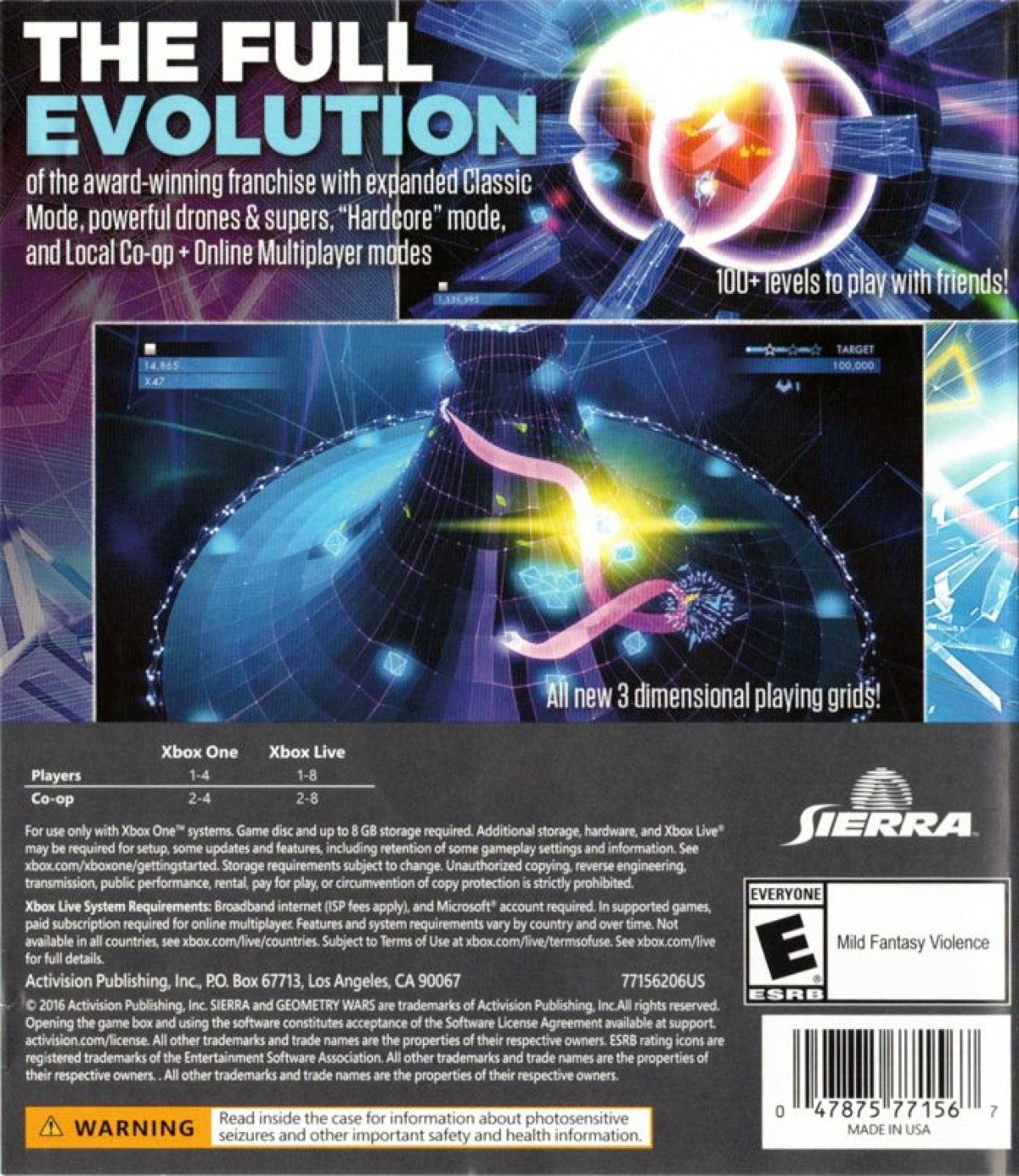 Geometry Wars 3: Dimensions Evolved back of case for Xbox One (XONE) arcade twin-stick shooter video game