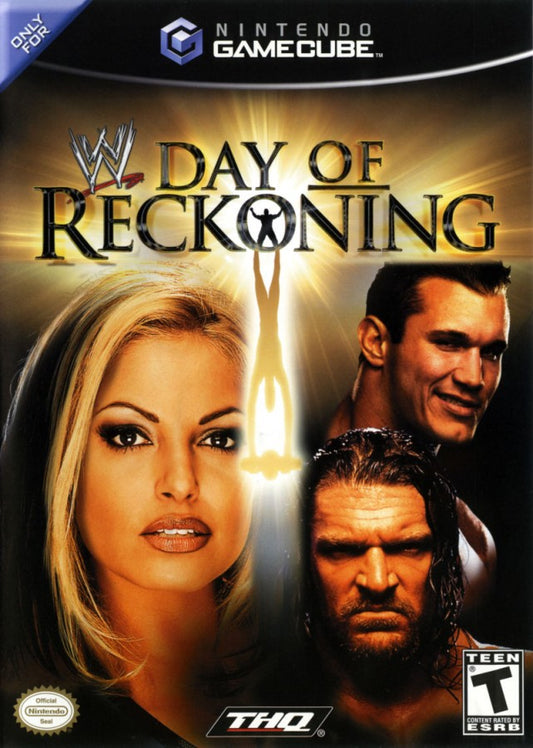 Cover art for WWE Day of Reckoning GameCube GC video game, professional wrestling, fighting simulation, multiplayer, sports entertainment, Nintendo GameCube title