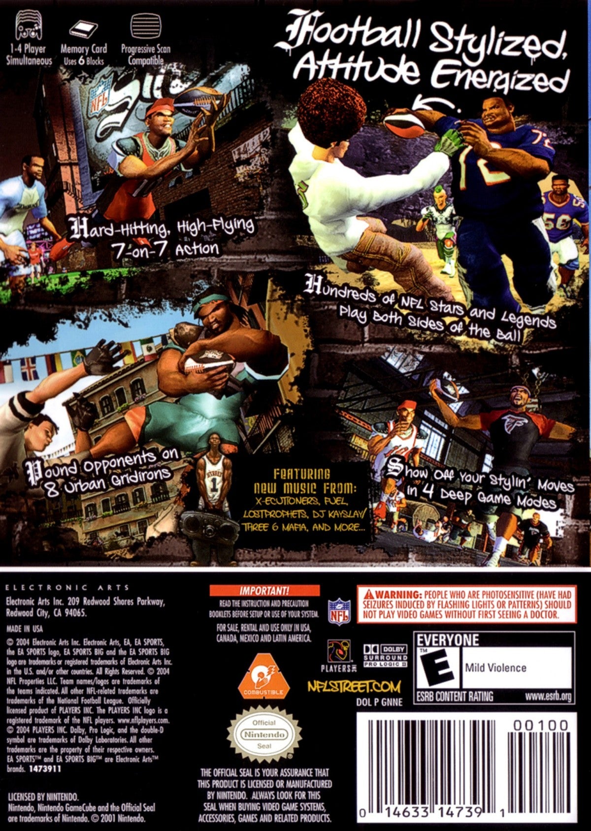 NFL Street Nintendo GameCube GC for arcade style football video game fans featuring fast paced street football matches NFL players trick moves aggressive tackles team customization game modes multiplayer competition urban football environments and classic EA Sports action collectible gaming appeal back cover art