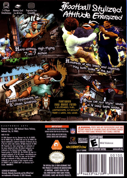 NFL Street Nintendo GameCube GC for arcade style football video game fans featuring fast paced street football matches NFL players trick moves aggressive tackles team customization game modes multiplayer competition urban football environments and classic EA Sports action collectible gaming appeal back cover art