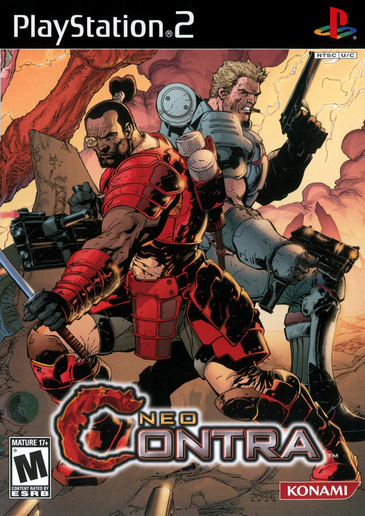 Neo Contra PS2 Sony PlayStation 2 run and gun action shooter Contra series arcade style top down and third person hybrid gameplay fast paced shooting enemy waves Konami co op action sci fi combat retro gaming PlayStation 2 software video game title cover art