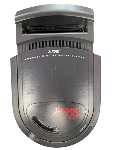 Retro Atari Jaguar CD System complete in box inspired design featuring rare retro gaming hardware aesthetic vintage multimedia console add on compact disc technology futuristic 90s gaming innovation collectible classic gaming presentation console top 