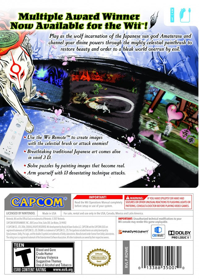 Okami – Nintendo Wii (Wii) action-adventure fantasy role-playing video game back of case