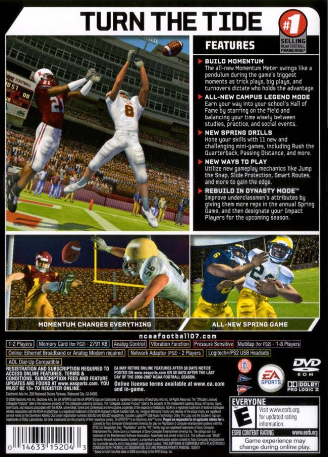 NCAA Football 07 game back cover for Playstation Portable video game. 