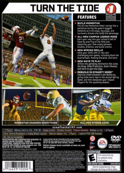 NCAA Football 07 game back cover for Playstation Portable video game. 