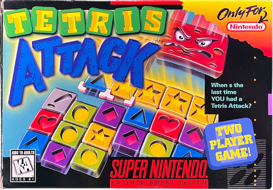 Tetris Attack Super Nintendo SNES puzzle game tile matching panel de pon style gameplay fast paced competitive versus mode Yoshi Nintendo classic retro 16 bit gaming Super Nintendo Entertainment System software video game title cover art 
