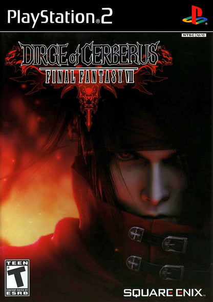 Dirge of Cerberus Final Fantasy VII PS2 Sony PlayStation 2 third person shooter action RPG Final Fantasy VII spin off Vincent Valentine gun combat sci fi fantasy storyline Square Enix cinematic gameplay retro gaming PlayStation 2 software video game title cover art