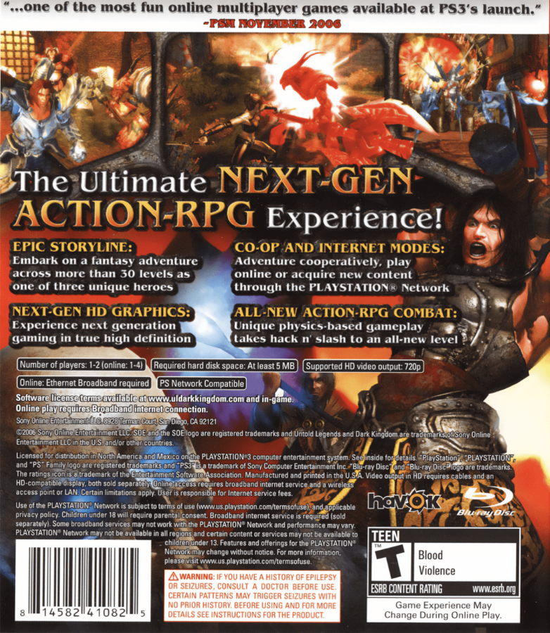Untold Legends: Dark Kingdom back cover art for PlayStation 3 (PS3) video game