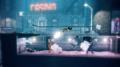 My Friend Pedro Nintendo Switch inspired design featuring stylish action shooter aesthetic acrobatic gunplay slow motion combat outrageous stunt moves surreal storytelling fast paced firefights cinematic side scrolling gameplay presentation gameplay