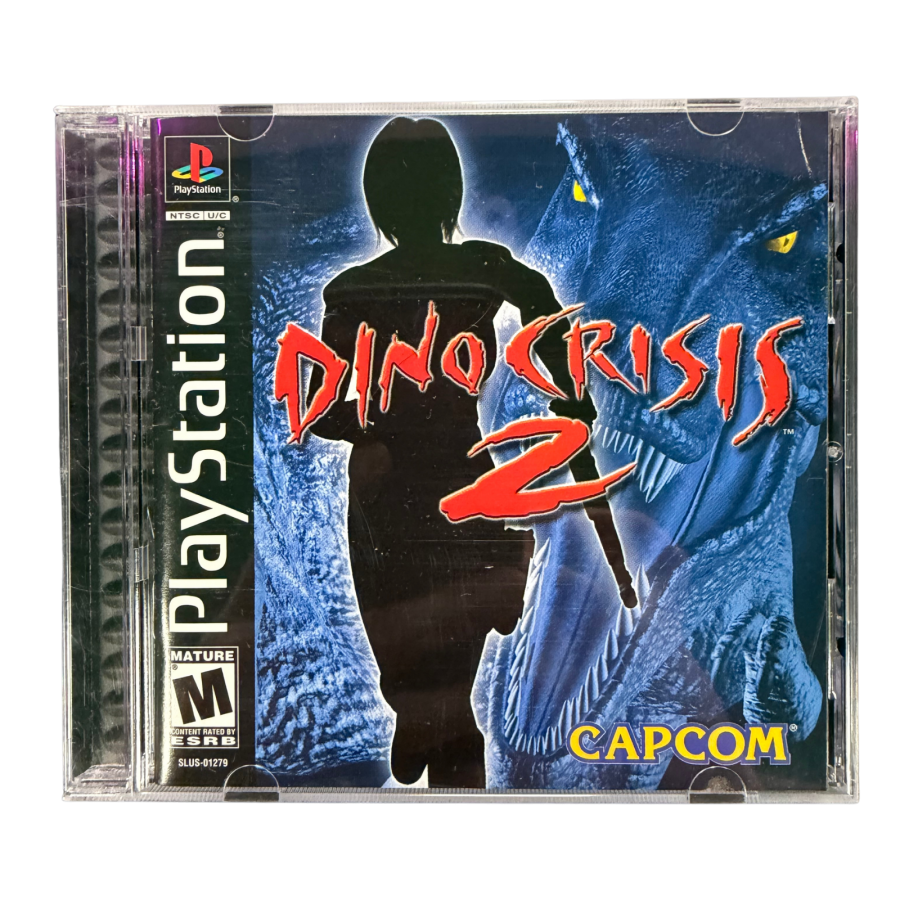 Dino Crisis 2 PlayStation PS1 for survival horror action video game fans featuring Regina and Dylan dinosaur combat prehistoric enemies fast paced shooting gameplay weapon upgrades jungle environments challenging missions and intense Capcom survival adventure collectible retro PlayStation gaming appeal cover art