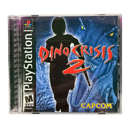Dino Crisis 2 PlayStation PS1 for survival horror action video game fans featuring Regina and Dylan dinosaur combat prehistoric enemies fast paced shooting gameplay weapon upgrades jungle environments challenging missions and intense Capcom survival adventure collectible retro PlayStation gaming appeal cover art