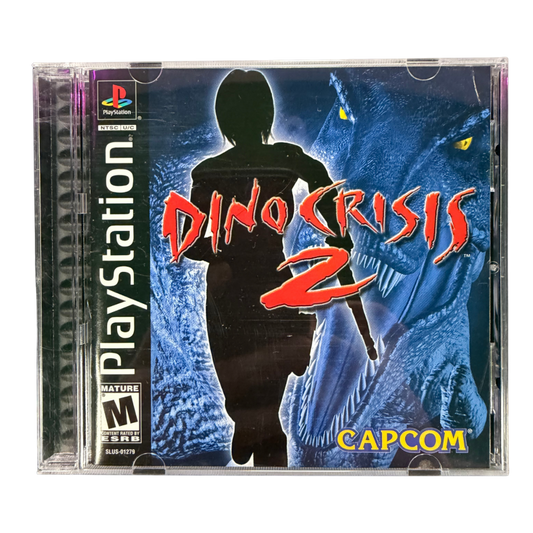 Dino Crisis 2 PlayStation PS1 for survival horror action video game fans featuring Regina and Dylan dinosaur combat prehistoric enemies fast paced shooting gameplay weapon upgrades jungle environments challenging missions and intense Capcom survival adventure collectible retro PlayStation gaming appeal cover art