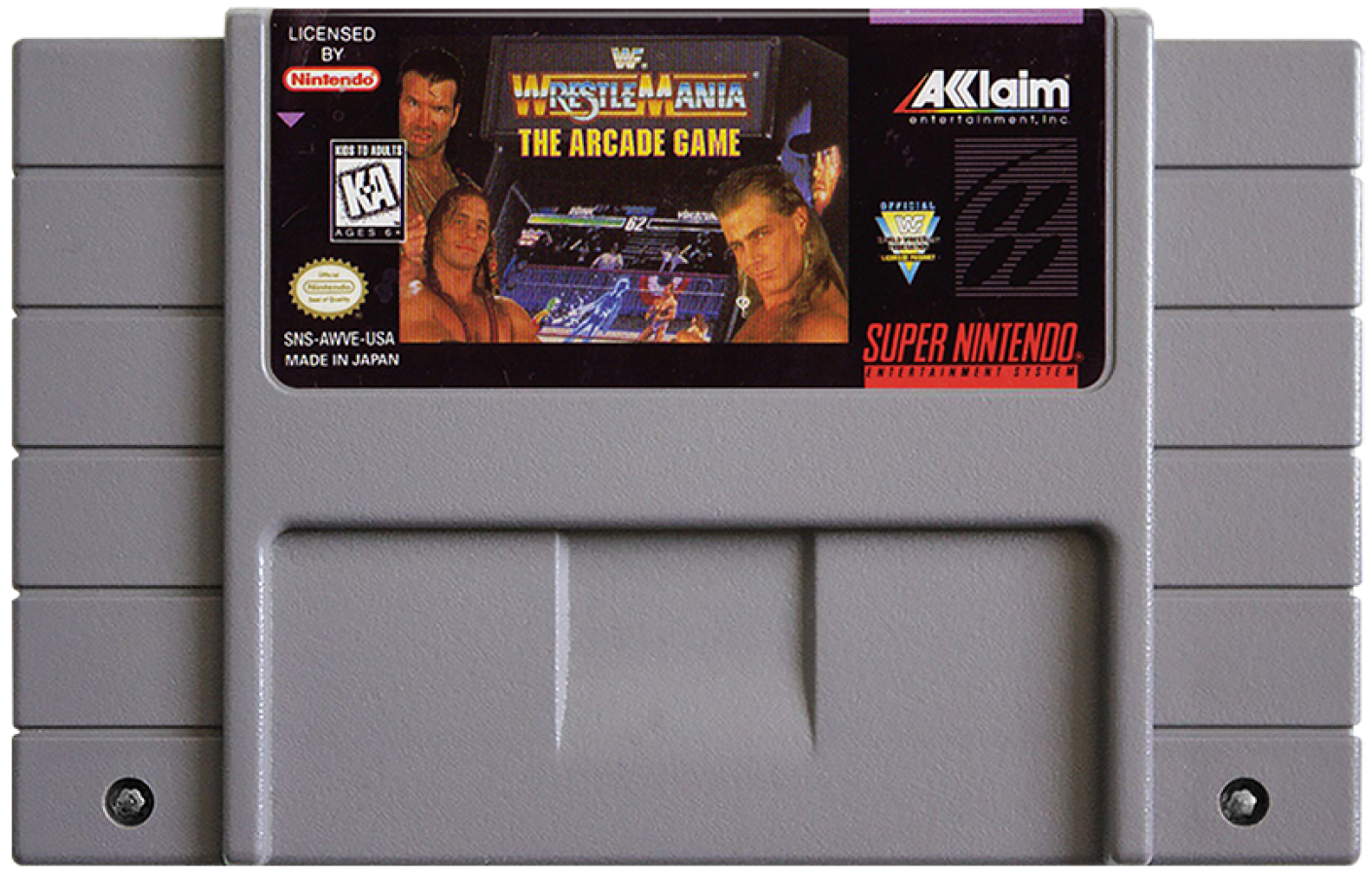 WWF WrestleMania The Arcade Game for Super Nintendo arcade style wrestling fighting game featuring WWF superstars exaggerated moves combos and versus battles cartridge 