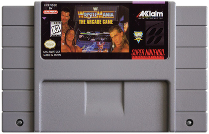 WWF WrestleMania The Arcade Game for Super Nintendo arcade style wrestling fighting game featuring WWF superstars exaggerated moves combos and versus battles cartridge 
