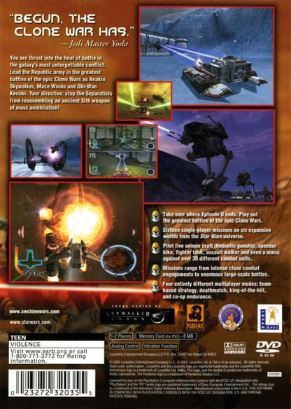Star Wars: The Clone Wars – PlayStation 2 (PS2) video game back of case, action-adventure lightsaber combat.