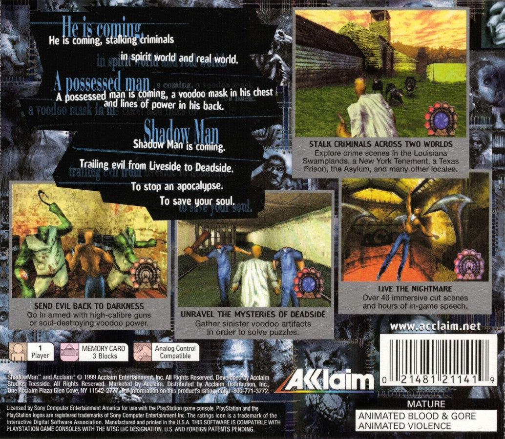 Shadow Man PlayStation 1 PS1 for action adventure retro video game fans featuring supernatural horror exploration dark fantasy combat voodoo mythology puzzle solving atmospheric environments undead enemies collectible gaming appeal back of case